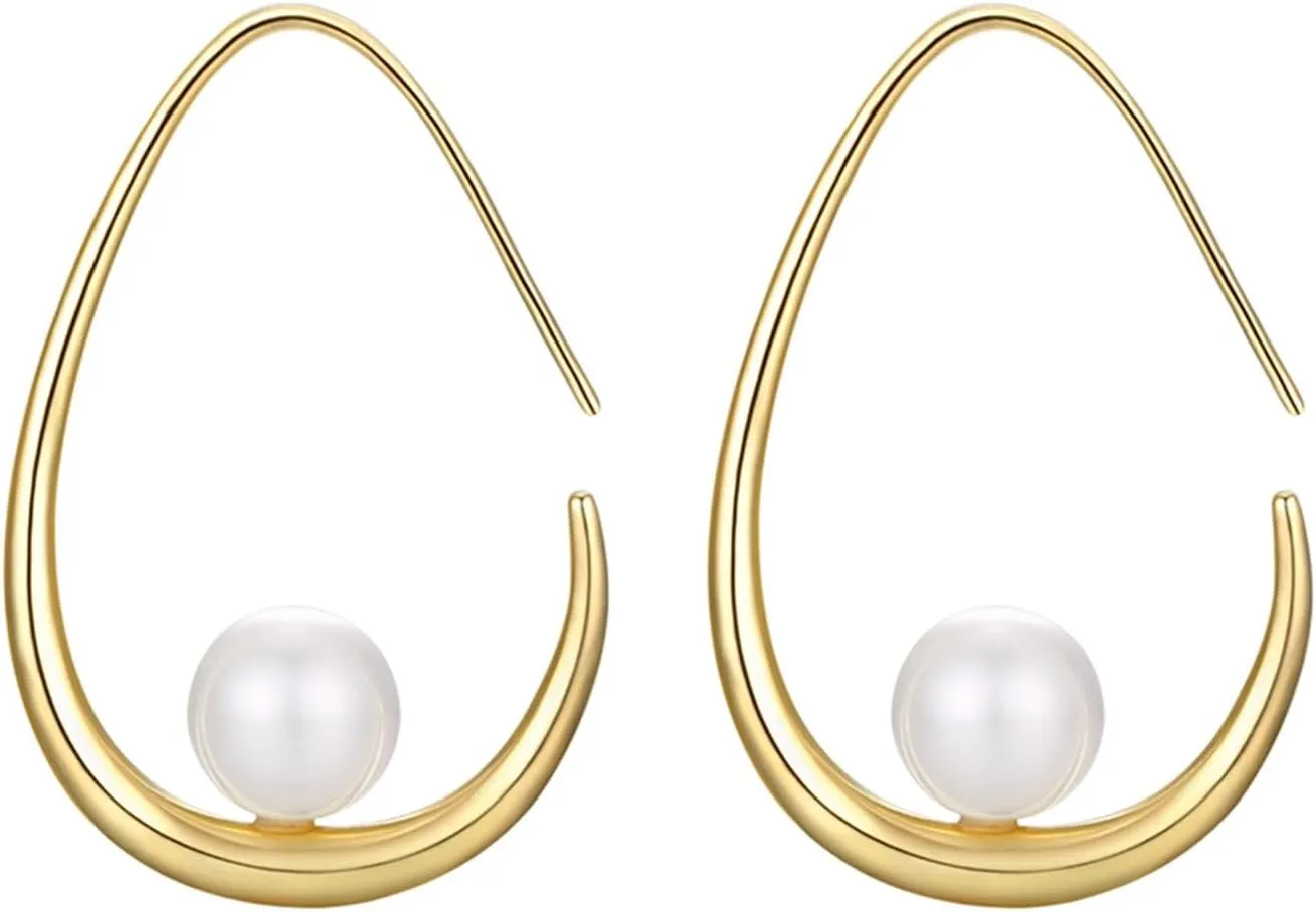 14k Gold Plated Lightweight Pearl Earrings,Trendy Jewelry,Teardrop Hoop Earrings for Women,Pearl Drop Earrings,Elegant Jewelry for Gifts