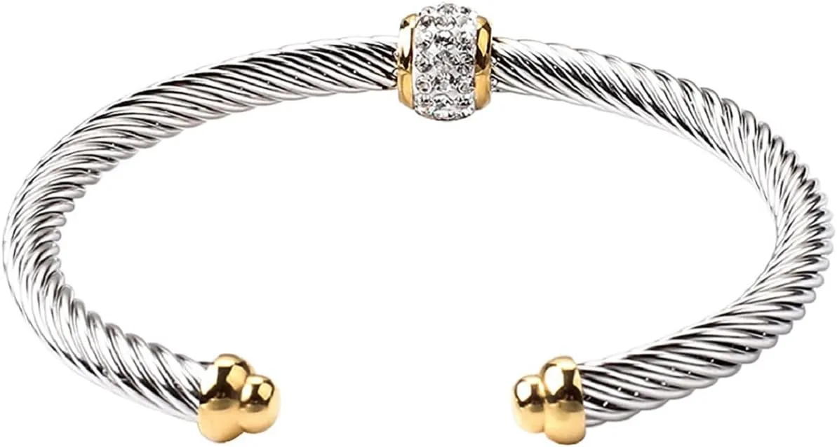14K Gold Plated Rhinestone Ball Charm Adjustable Twist Stainless Steel Cable Wire Bracelets Friendship Open Bangle Wrist Cuff for Women Men