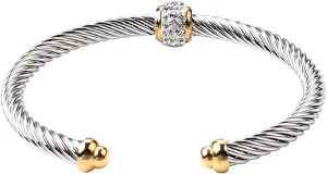 14K Gold Plated Rhinestone Ball Charm Adjustable Twist Stainless Steel Cable Wire Bracelets Friendship Open Bangle Wrist Cuff for Women Men