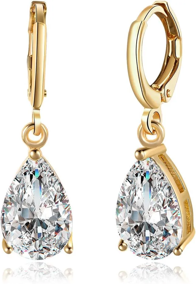 14K Gold Plated Teardrop Cubic Zirconia Dangle Drop Small Hoop Earrings For Womens Oval Dangling Wedding Hypoallergenic Fashion Elegant Diamond Jewelry Gifts Bridesmaid