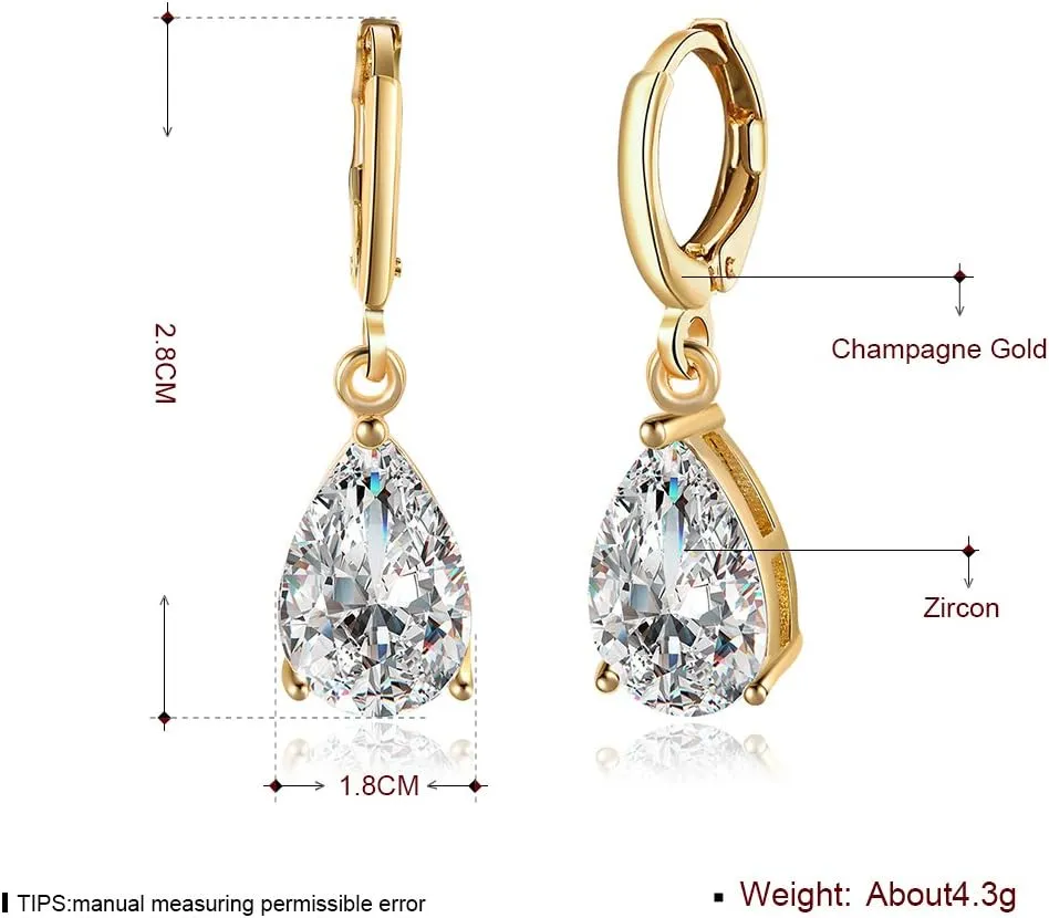 14K Gold Plated Teardrop Cubic Zirconia Dangle Drop Small Hoop Earrings For Womens Oval Dangling Wedding Hypoallergenic Fashion Elegant Diamond Jewelry Gifts Bridesmaid