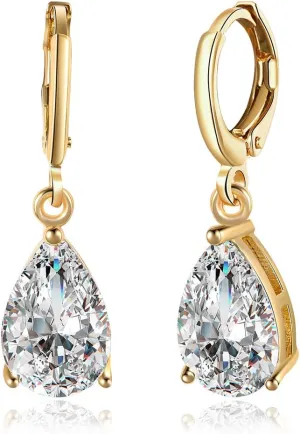 14K Gold Plated Teardrop Cubic Zirconia Dangle Drop Small Hoop Earrings For Womens Oval Dangling Wedding Hypoallergenic Fashion Elegant Diamond Jewelry Gifts Bridesmaid