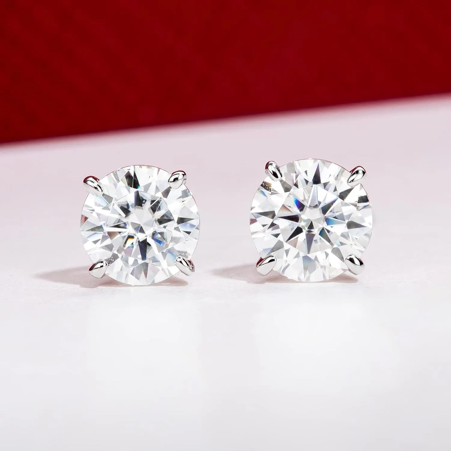 14K Solid White Gold Moissanite Stud Earrings, -4 CTTW, D Color & Flawless Moissanites, 4 Prongs Earring Gifts for Women Men, Elegant Jewelry Box Packed