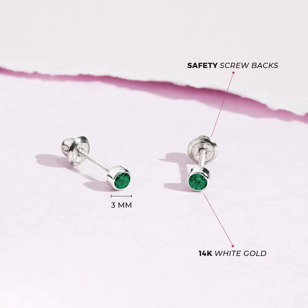 14k White Gold Little Girls 3mm Bezel Set Round Simulated Birthstone Screw Backs, Elegant Stud Earrings for Babies and Toddlers- Safety Screw Back Locking for Children, Cute Bezel Studs for Girls