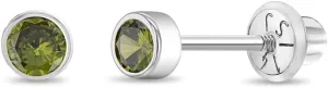 14k White Gold Little Girls 3mm Bezel Set Round Simulated Birthstone Screw Backs, Elegant Stud Earrings for Babies and Toddlers- Safety Screw Back Locking for Children, Cute Bezel Studs for Girls