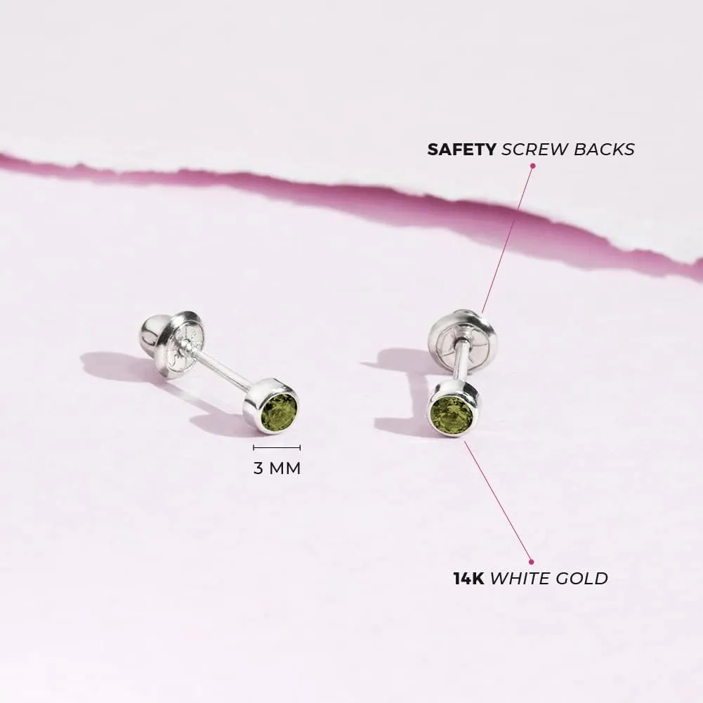 14k White Gold Little Girls 3mm Bezel Set Round Simulated Birthstone Screw Backs, Elegant Stud Earrings for Babies and Toddlers- Safety Screw Back Locking for Children, Cute Bezel Studs for Girls