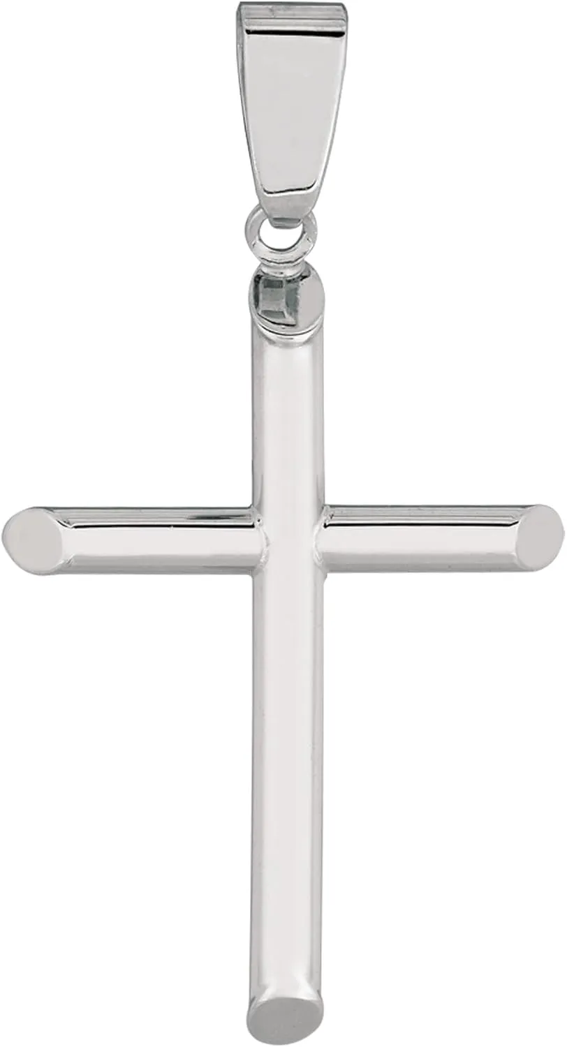 14k White Gold Shiny Round Tube Cross Pendant