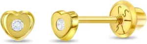 14k Yellow Gold 3mm Tiny Cubic Zirconia Heart Screw Back Earrings for Baby Girls to Toddlers - Cute & Elegant Heart CZ Screw Locking Back Stud Earrings for Little Girls