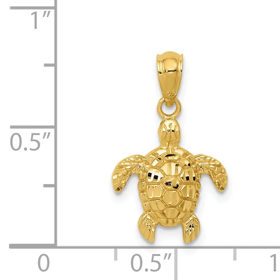 14k Yellow Gold Casted Solid Polished and Textured Finish Diamond-cut Turtle Charm Pendant