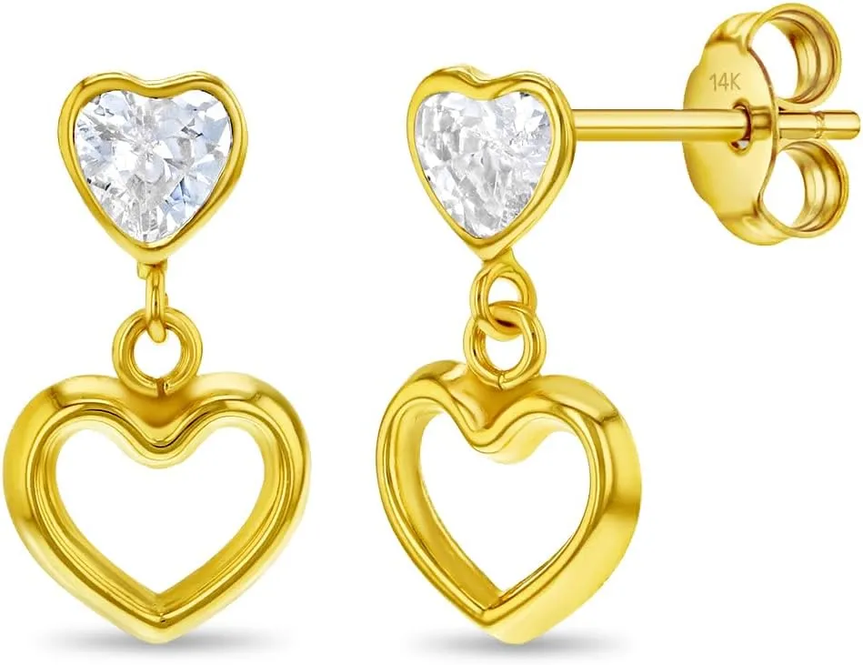 14k Yellow Gold Cubic Zirconia Sweet Heart Dangle Dangling Stud Earrings for Young Girls and Preteens - Lovely and Elegant 14k Gold Heart-Shaped Earrings for Girls - Gift for Birthdays or Holidays