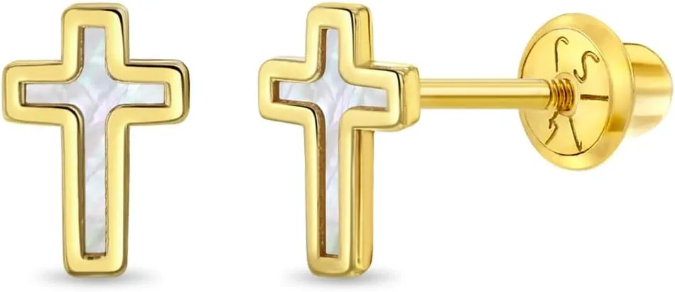 14k Yellow Gold Mother of Pearl Cross Safety Screw Back Earrings For Little Girls & Preteens - Beautiful Religious Cross Earrings For A Young Child's Communion - Elegant Religious Jewelry