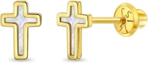 14k Yellow Gold Mother of Pearl Cross Safety Screw Back Earrings For Little Girls & Preteens - Beautiful Religious Cross Earrings For A Young Child's Communion - Elegant Religious Jewelry