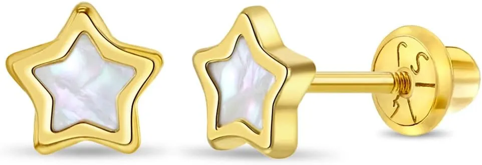 14k Yellow Gold Mother of Pearl Star Screw Back Earrings For Young Girls and Toddlers - Elegant Mother of Pearl Earrings For Girls - Special Star Shaped Accessories for Little Girls