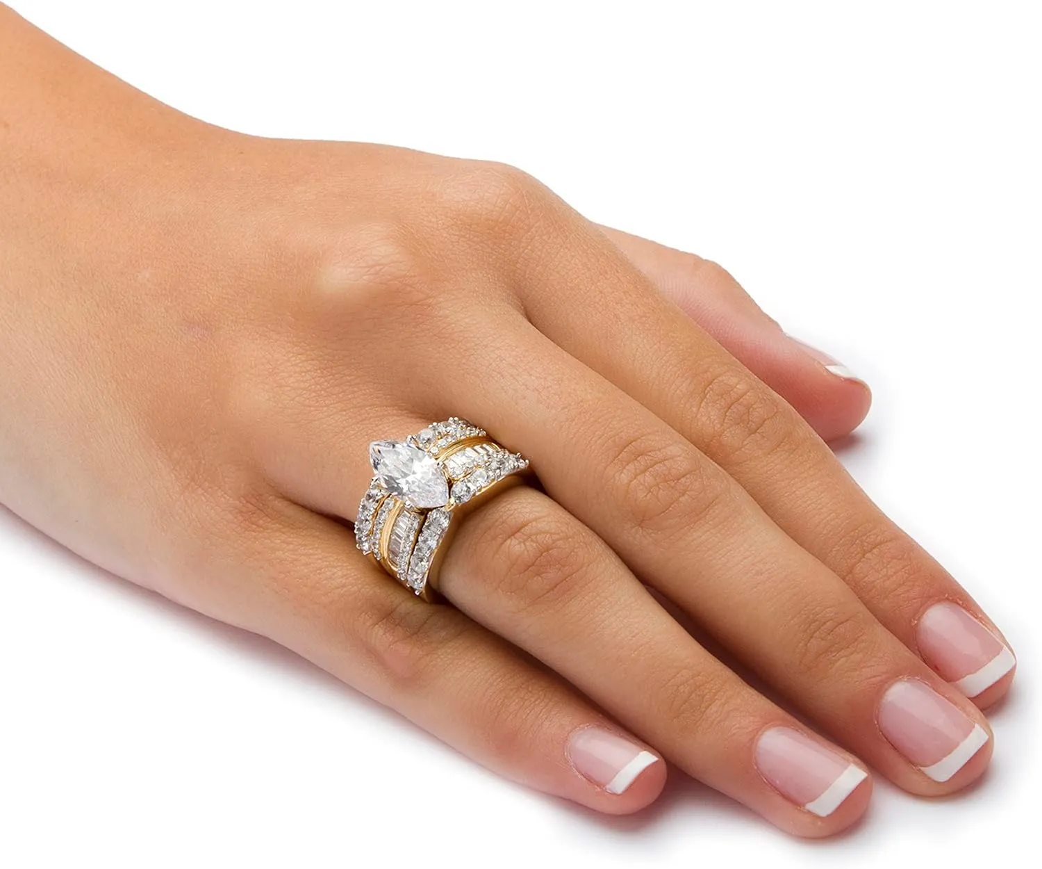 14K Yellow Gold over Sterling Silver Marquise Cut Cubic Zirconia Multi Row Bridal Ring Set