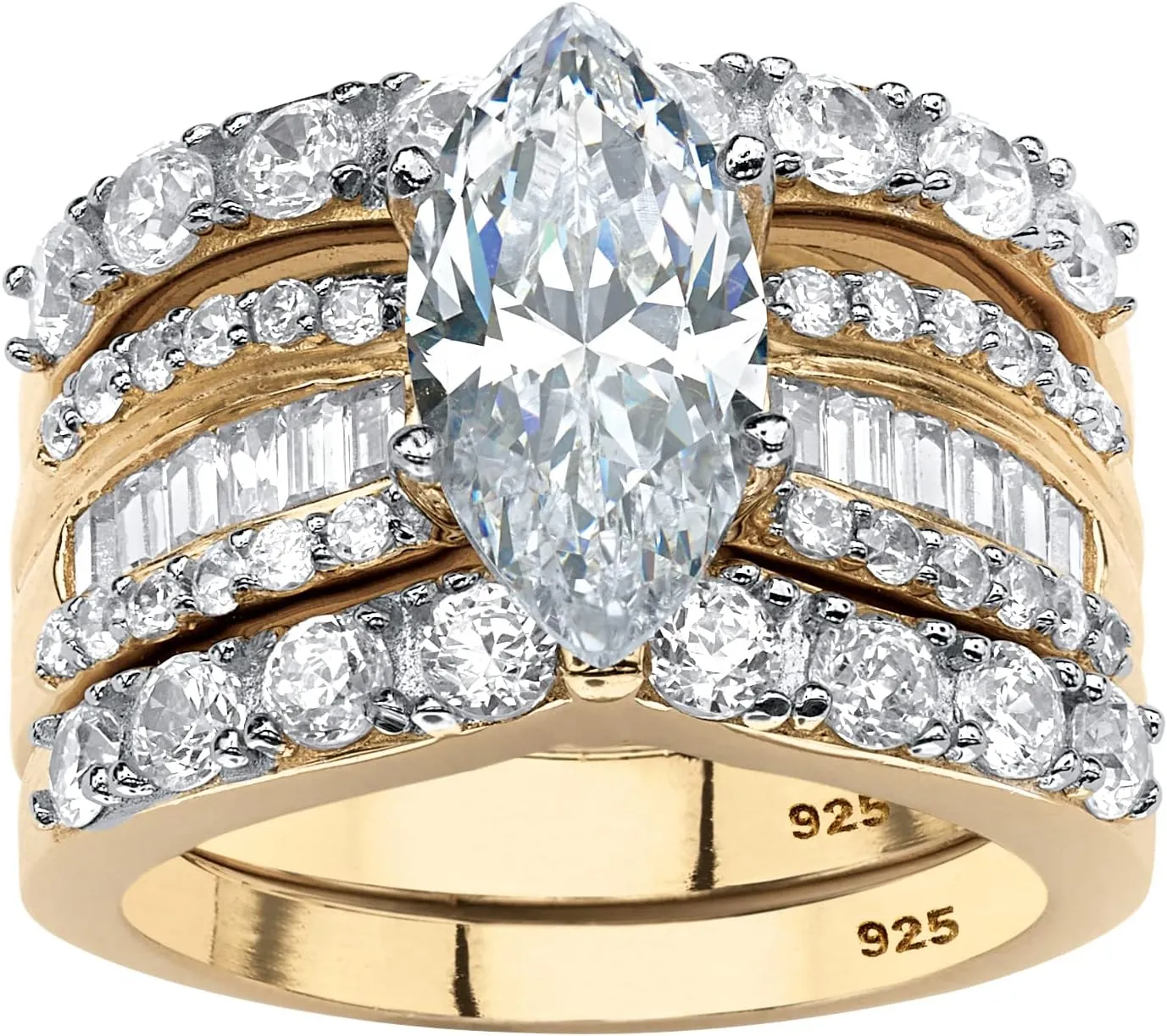 14K Yellow Gold over Sterling Silver Marquise Cut Cubic Zirconia Multi Row Bridal Ring Set