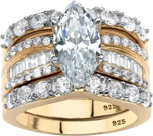 14K Yellow Gold over Sterling Silver Marquise Cut Cubic Zirconia Multi Row Bridal Ring Set