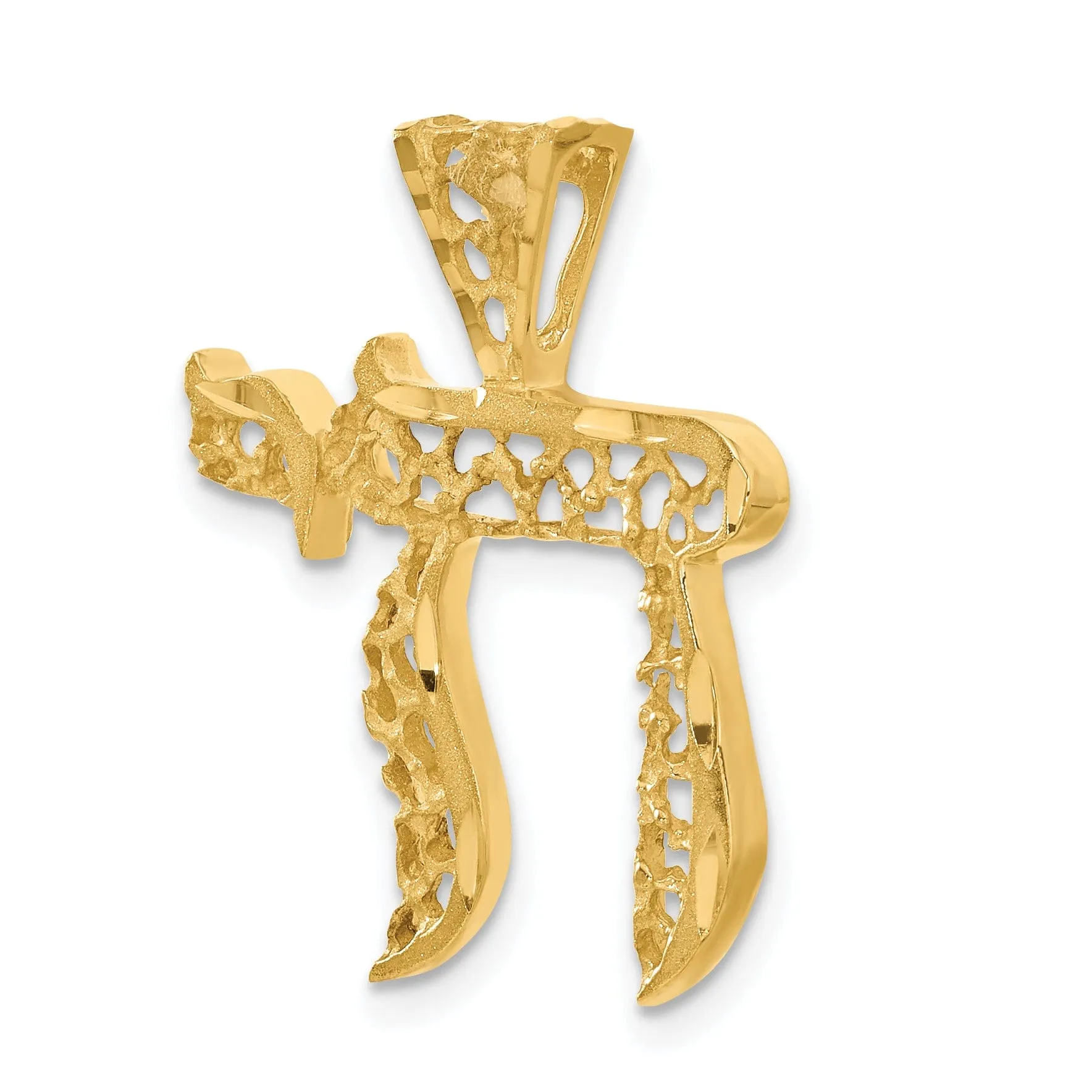 14k Yellow Gold Polished Brush D.C Finish Filigree Design Chai Pendant