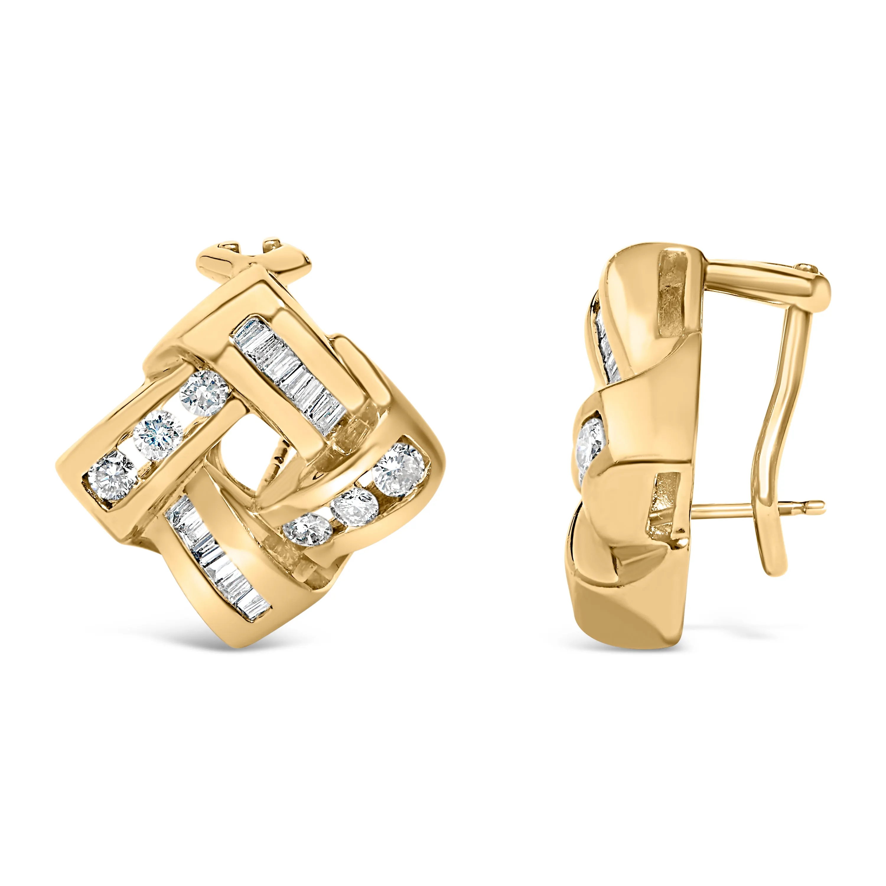 14K Yellow Gold Round and Baguette Cut Diamond Earrings