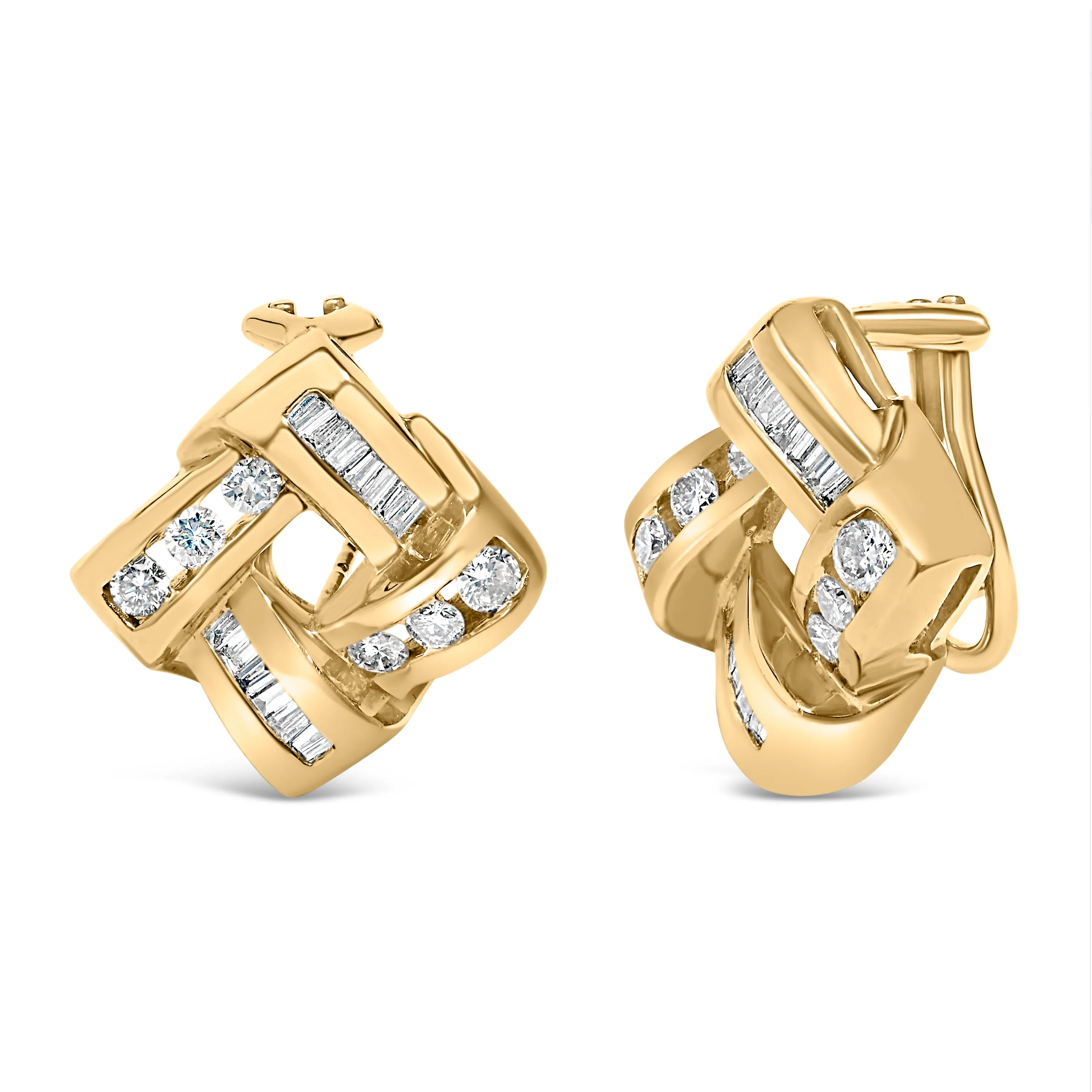 14K Yellow Gold Round and Baguette Cut Diamond Earrings