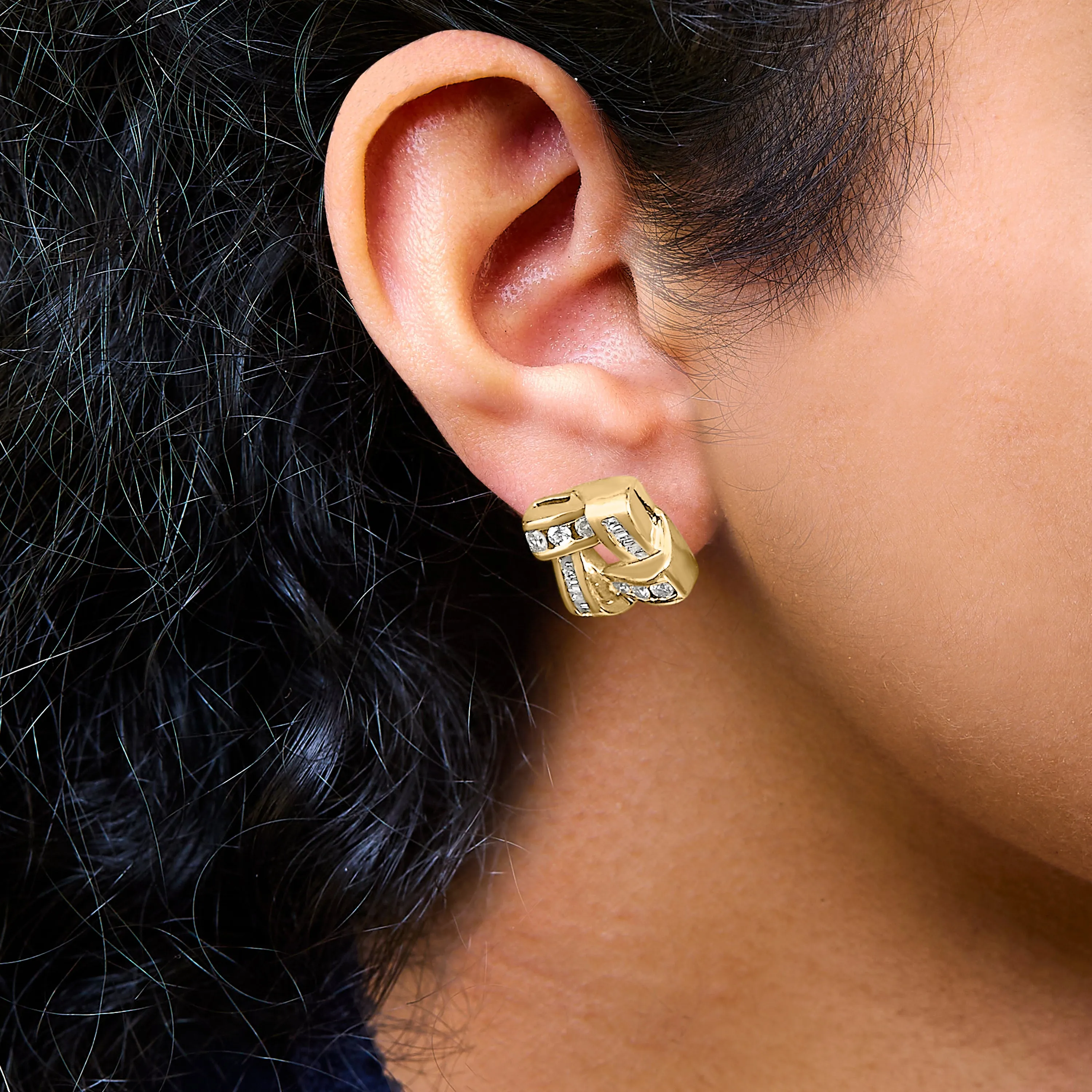 14K Yellow Gold Round and Baguette Cut Diamond Earrings