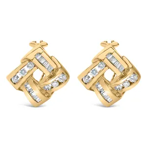 14K Yellow Gold Round and Baguette Cut Diamond Earrings