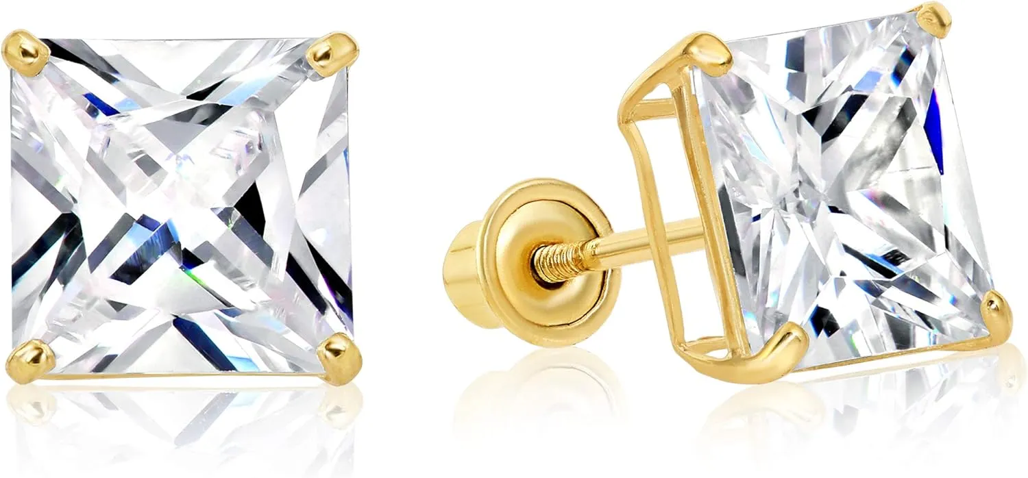 14k Yellow Gold Solitaire Square Princess-cut CZ Stud Earrings with Secure Screw-backs