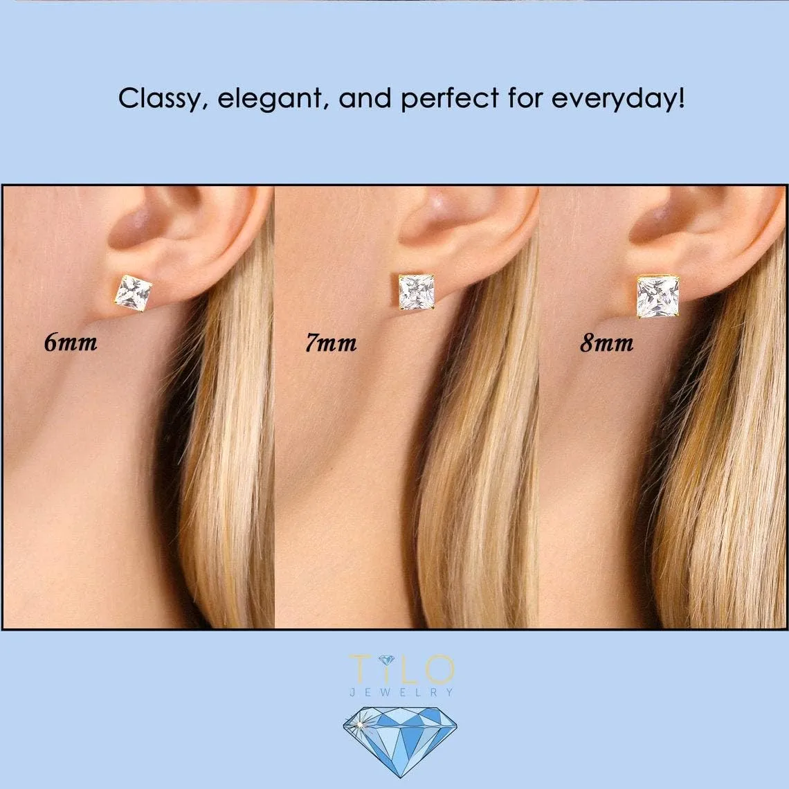 14k Yellow Gold Solitaire Square Princess-cut CZ Stud Earrings with Secure Screw-backs