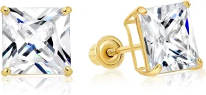 14k Yellow Gold Solitaire Square Princess-cut CZ Stud Earrings with Secure Screw-backs