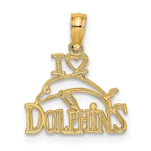 14K Yellow Gold Textured Polished Finish I HEART DOLPHINS with Dolphin Charm Pendant