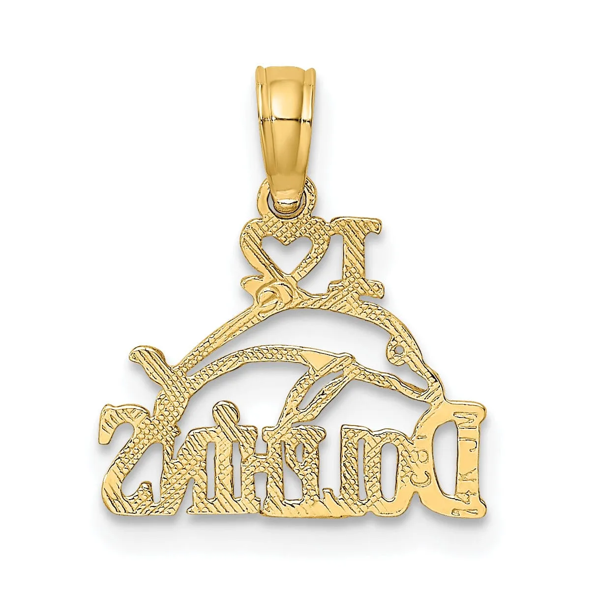 14K Yellow Gold Textured Polished Finish I HEART DOLPHINS with Dolphin Charm Pendant