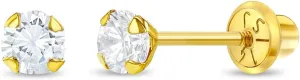 14k Yellow Gold Tiny 3mm Cubic Zirconia Prong Set Solitaire Screw Back Earrings for Little Girls - Tiny & Elegant Earrings with Safety Screw Backs for Babies, Toddlers, & Children - Dainty CZ Studs