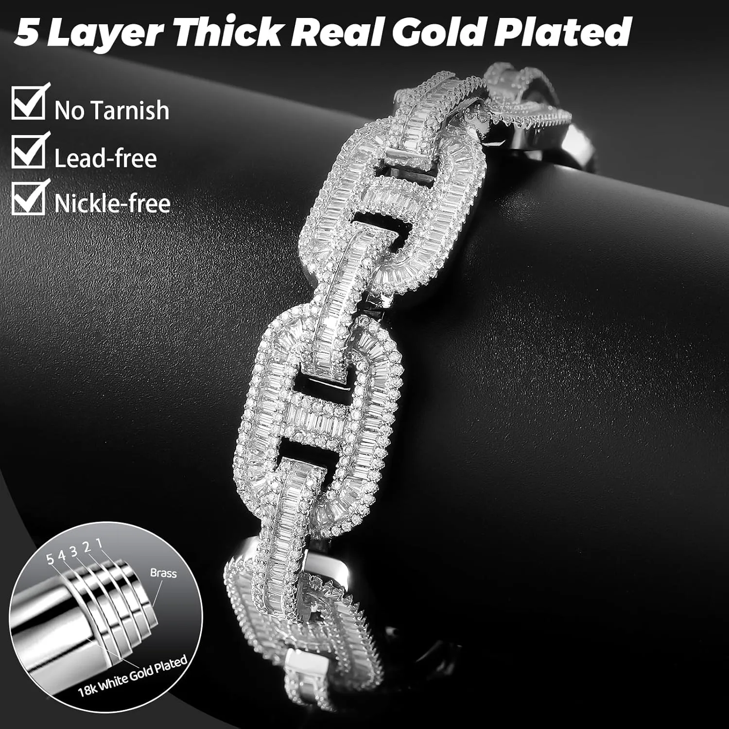 15MM Baguette Cuban Link Bracelets for Men, Iced Out 5A CZ Simulated Diamond Bracelet 18K White Gold Plated Bling Mariner Link Chain Thick Chunky Hip Hop Jewelry for Rapper Boyfriend Husband 7-8Inch