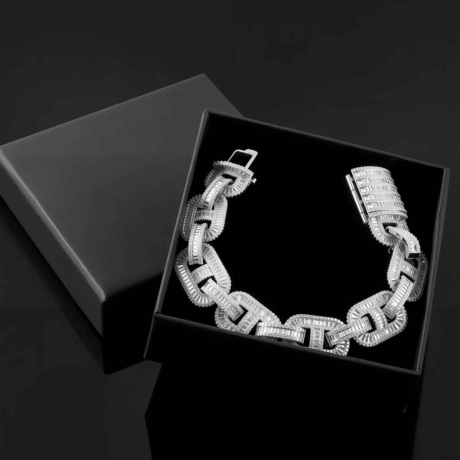 15MM Baguette Cuban Link Bracelets for Men, Iced Out 5A CZ Simulated Diamond Bracelet 18K White Gold Plated Bling Mariner Link Chain Thick Chunky Hip Hop Jewelry for Rapper Boyfriend Husband 7-8Inch