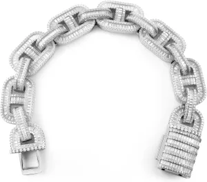 15MM Baguette Cuban Link Bracelets for Men, Iced Out 5A CZ Simulated Diamond Bracelet 18K White Gold Plated Bling Mariner Link Chain Thick Chunky Hip Hop Jewelry for Rapper Boyfriend Husband 7-8Inch