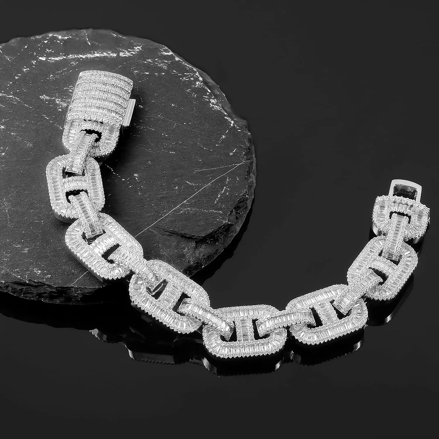 15MM Baguette Cuban Link Bracelets for Men, Iced Out 5A CZ Simulated Diamond Bracelet 18K White Gold Plated Bling Mariner Link Chain Thick Chunky Hip Hop Jewelry for Rapper Boyfriend Husband 7-8Inch