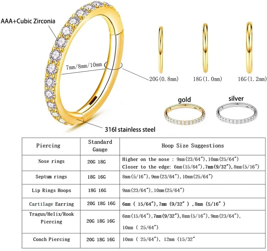 16G 18G 20G CZ Nose Rings Hoop Hinged Segment Septum jewelry 316L Surgical Steel Cartilage Earrings Daith Rook Tragus Earrings Gold Silver 7mm 8mm10mm