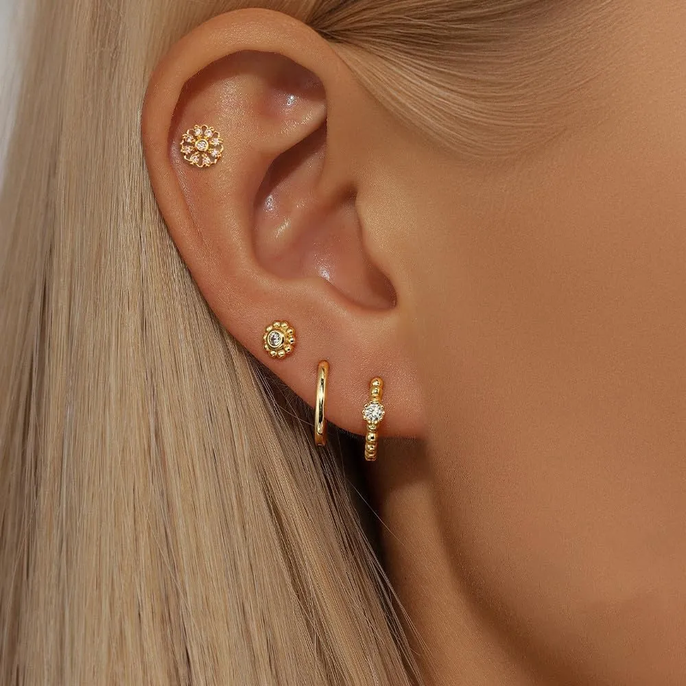 16G CZ Flower Labret Monroe Lip Rings 316L Surgical Steel Tragus Helix Cartilage Flat Back Earrings Studs Medusa Piercing Jewelry for Women