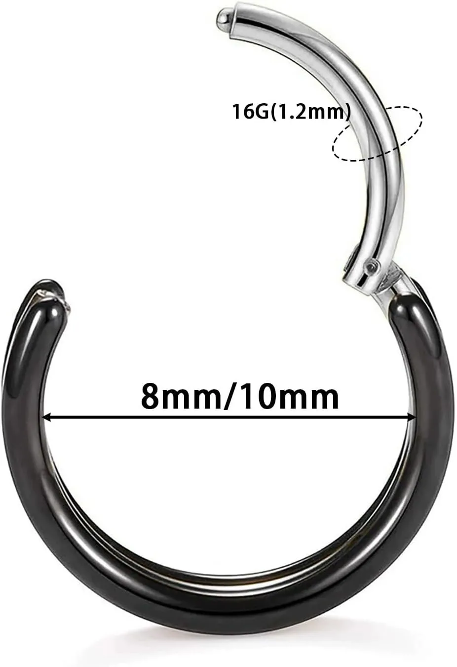 16G G23 Titanium Nose Septum Rings for Women Men Hypoallergenic Septum Jewelry Black Hoop Nose Rings Hinged Segment Hoops Conch Helix Cartilage Earrings Body Piercing Jewelry 8mm 10mm