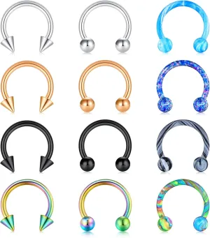 16G Surgical Steel Septum Rings, Nose Horseshoe Hoop Earring Eyebrow Tragus Lip Piercing Ring Balls & Spikes 6-12mm For Women Men