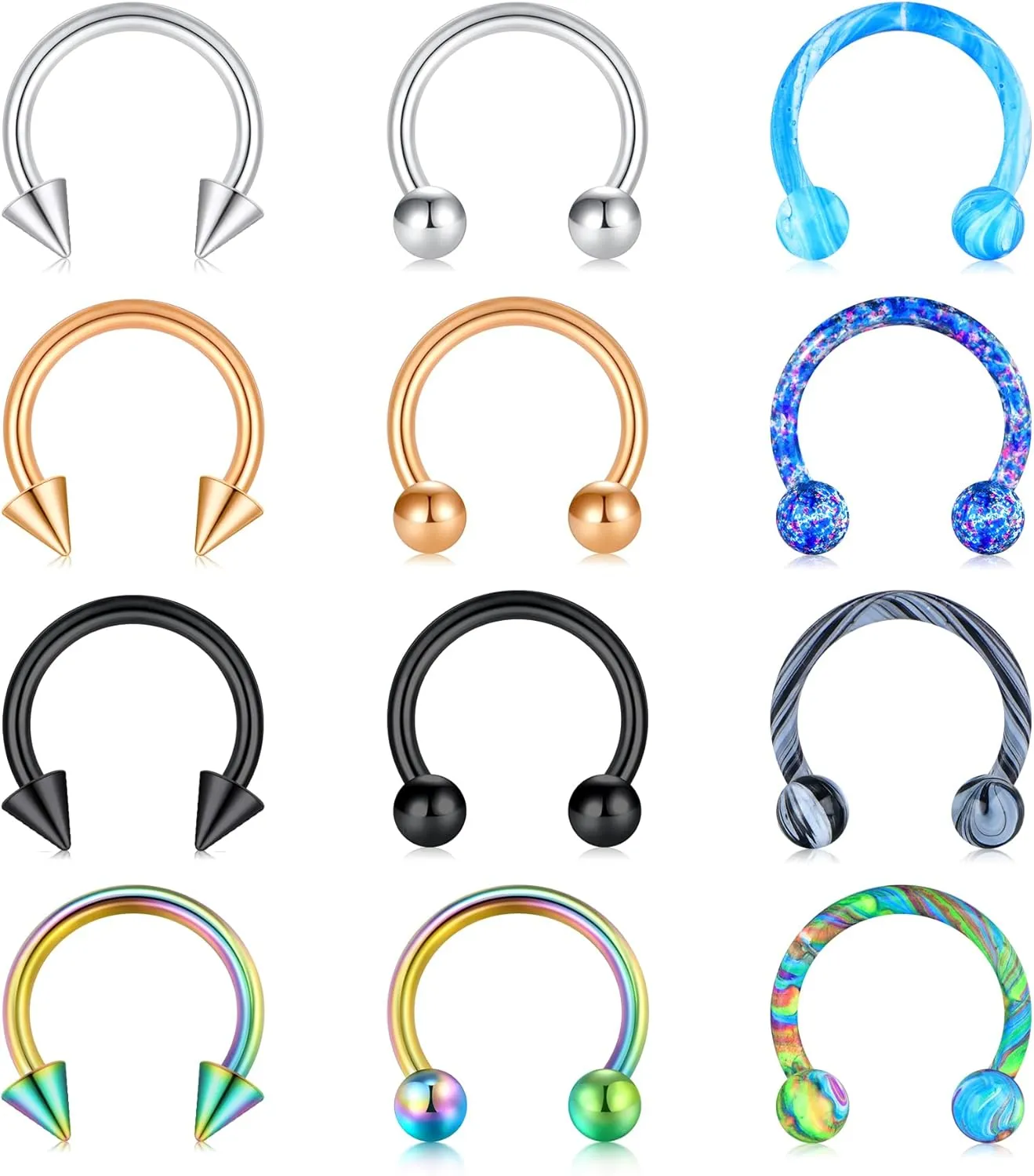 16G Surgical Steel Septum Rings, Nose Horseshoe Hoop Earring Eyebrow Tragus Lip Piercing Ring Balls & Spikes 6-12mm For Women Men
