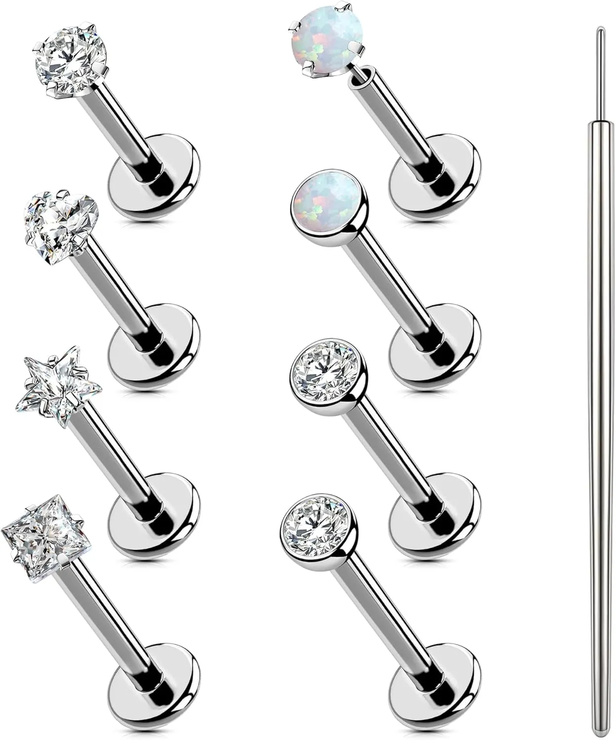 16G/18G/20G Push-in Threadless Nose Studs Rings for Women Men Hypoallergenic Surgical Steel Opal CZ Monroe Lip Labret Studs | Nostril Nose Ring | Flat Back Earrings for Tragus Conch Helix Cartilage Piercing Jewelry