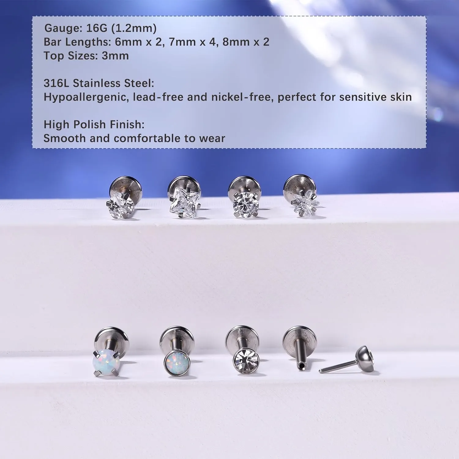 16G/18G/20G Push-in Threadless Nose Studs Rings for Women Men Hypoallergenic Surgical Steel Opal CZ Monroe Lip Labret Studs | Nostril Nose Ring | Flat Back Earrings for Tragus Conch Helix Cartilage Piercing Jewelry