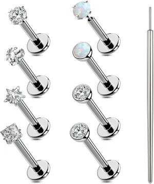 16G/18G/20G Push-in Threadless Nose Studs Rings for Women Men Hypoallergenic Surgical Steel Opal CZ Monroe Lip Labret Studs | Nostril Nose Ring | Flat Back Earrings for Tragus Conch Helix Cartilage Piercing Jewelry