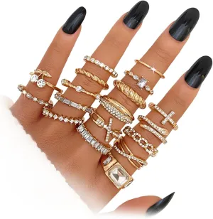 17IF 18 PCS Dainty 14K Gold Ring Set for Women Sparkle Chunky Quartet Diamoned Clean Aesthetic Cross Snake Cherry Classy Designs Plus Size for Stacking on Thumb Knuckle