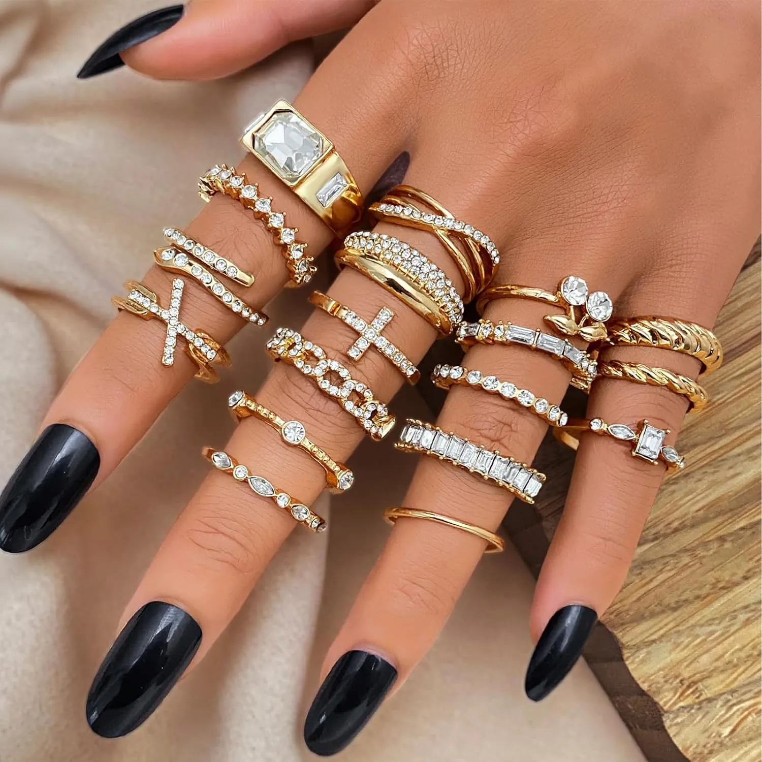 17IF 18 PCS Dainty 14K Gold Ring Set for Women Sparkle Chunky Quartet Diamoned Clean Aesthetic Cross Snake Cherry Classy Designs Plus Size for Stacking on Thumb Knuckle