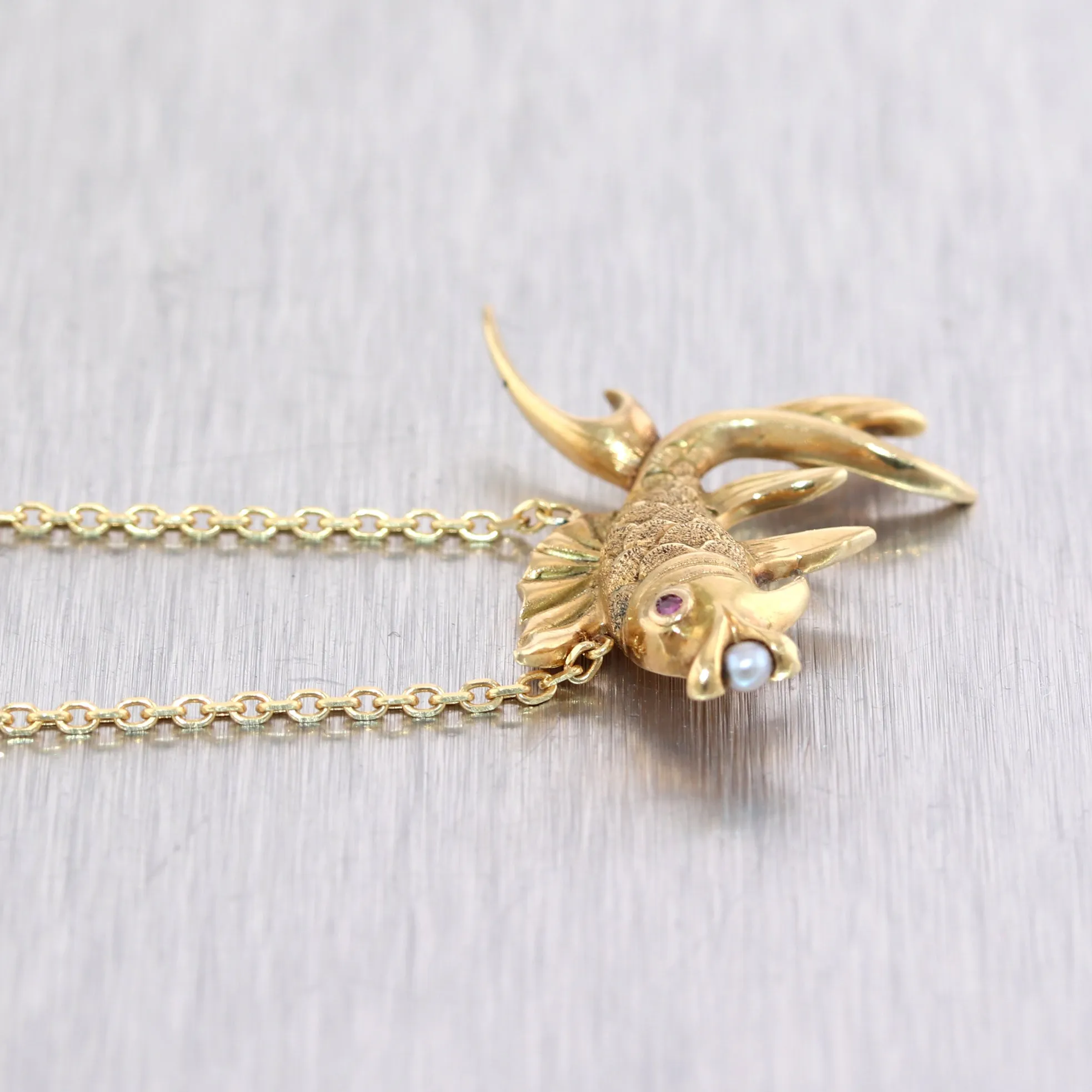 1890 Antique Victorian 14k Yellow Gold Ruby & Seed Pearl Pieces Fish 18 Necklace