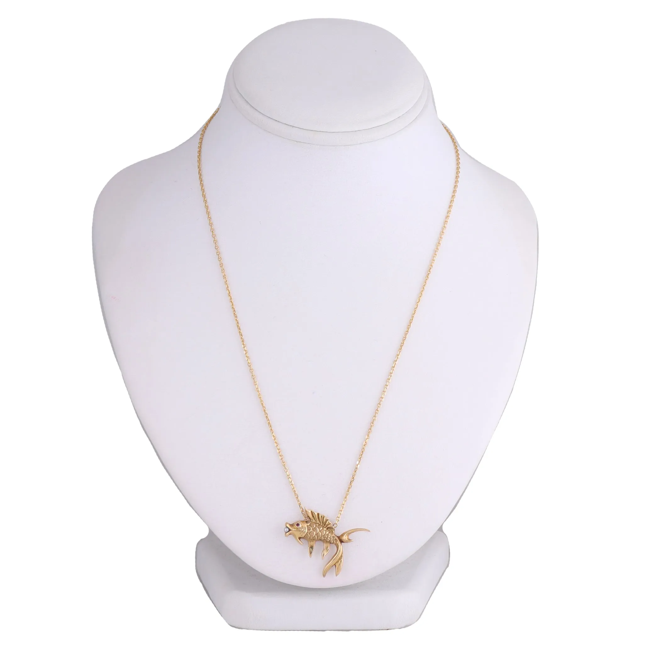 1890 Antique Victorian 14k Yellow Gold Ruby & Seed Pearl Pieces Fish 18 Necklace