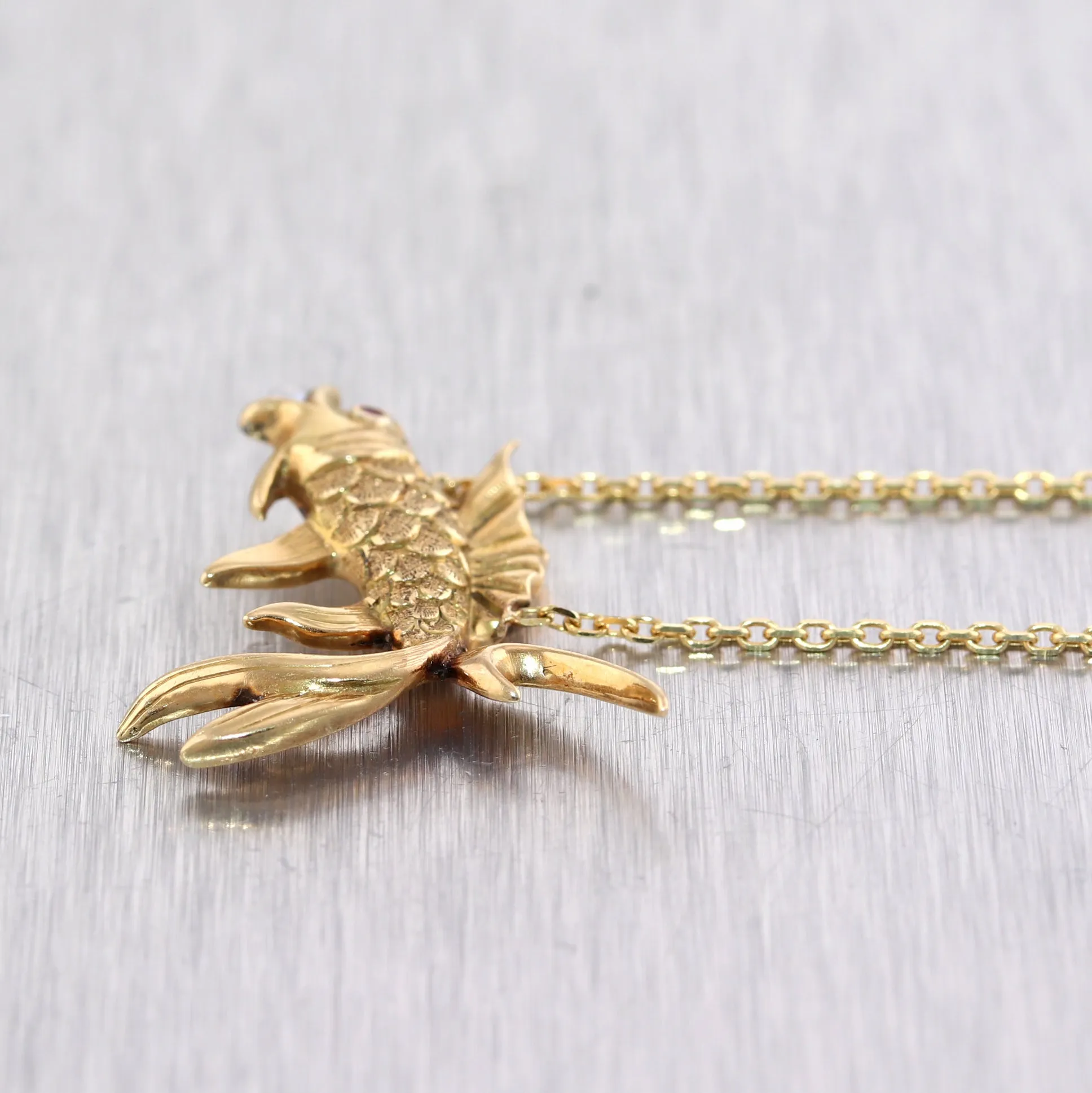 1890 Antique Victorian 14k Yellow Gold Ruby & Seed Pearl Pieces Fish 18 Necklace
