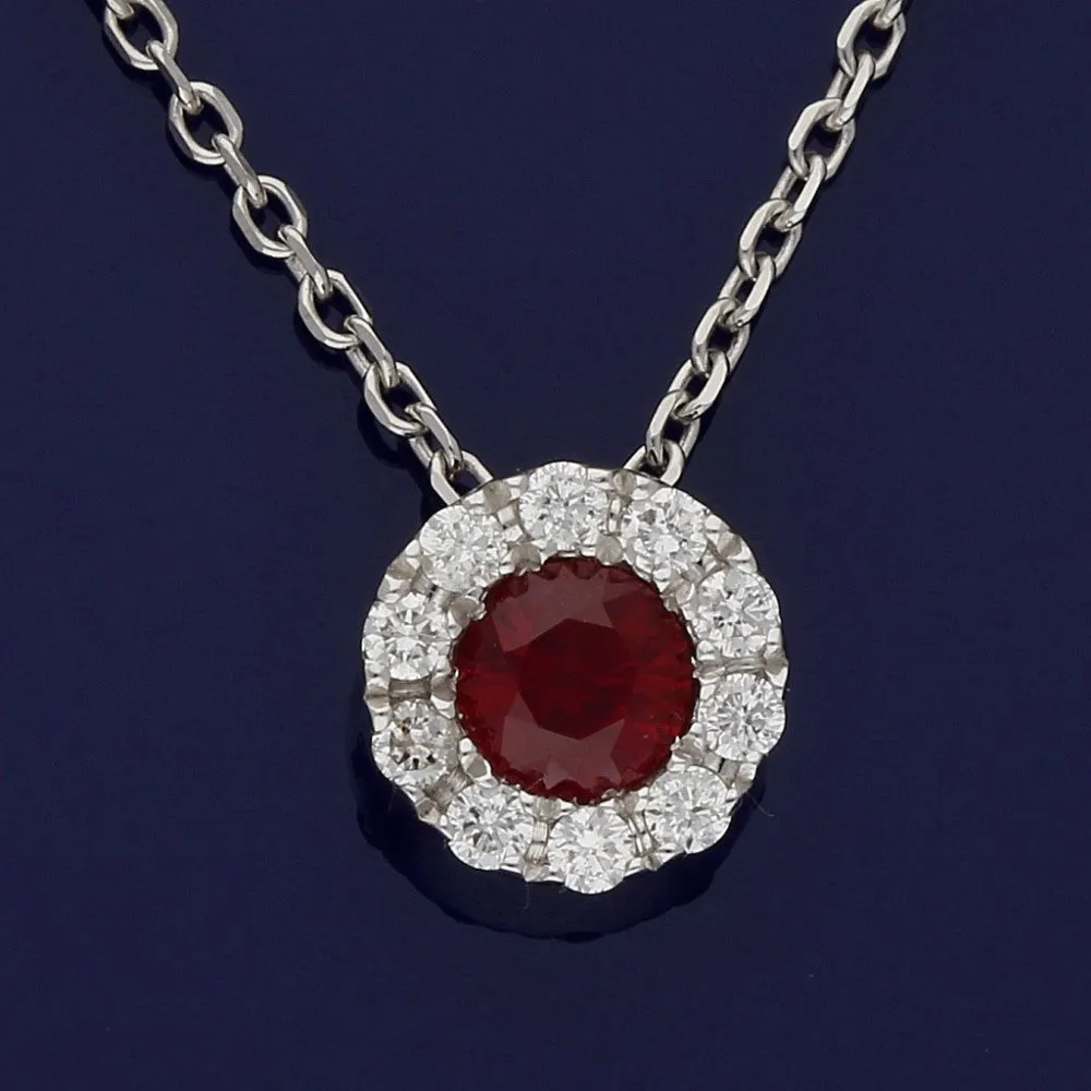 18ct White Gold Ruby and Diamond Halo Necklace