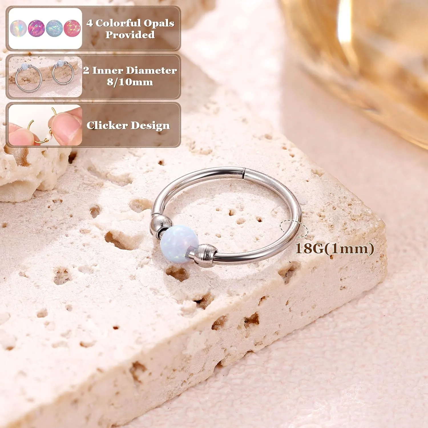 18G Surgical Steel Opal Nose Rings Hoops for Women Hinged Seamless Nose Hoops Helix Cartilage Tragus Hoop Rings Septum Clicker Ring Nose Piercing Jewelry 8mm/10mm